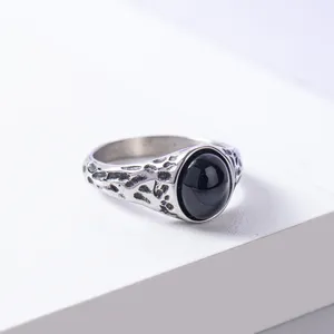 Retro Custom Black Onyx Stone Zircon Signet Ring 18K Gold Plated Stainless Steel Amethyst Gemstone Ring Gift for Men