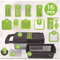 16-delige multifunctionele handmatige plastic groentehakker met roestvrijstalen mes, alleen handwas, uien- en fruit snijder