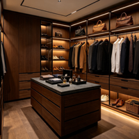Meubles de dressing sur mesure en bois avec larges tiroirs, boîtes de rangement et penderie pour chambre et dressing
