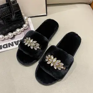 Hot Sales Custom Konijnenbont Vrouwen Thuis Binnenkamer Slippers Met Metalen Ketting Kristal