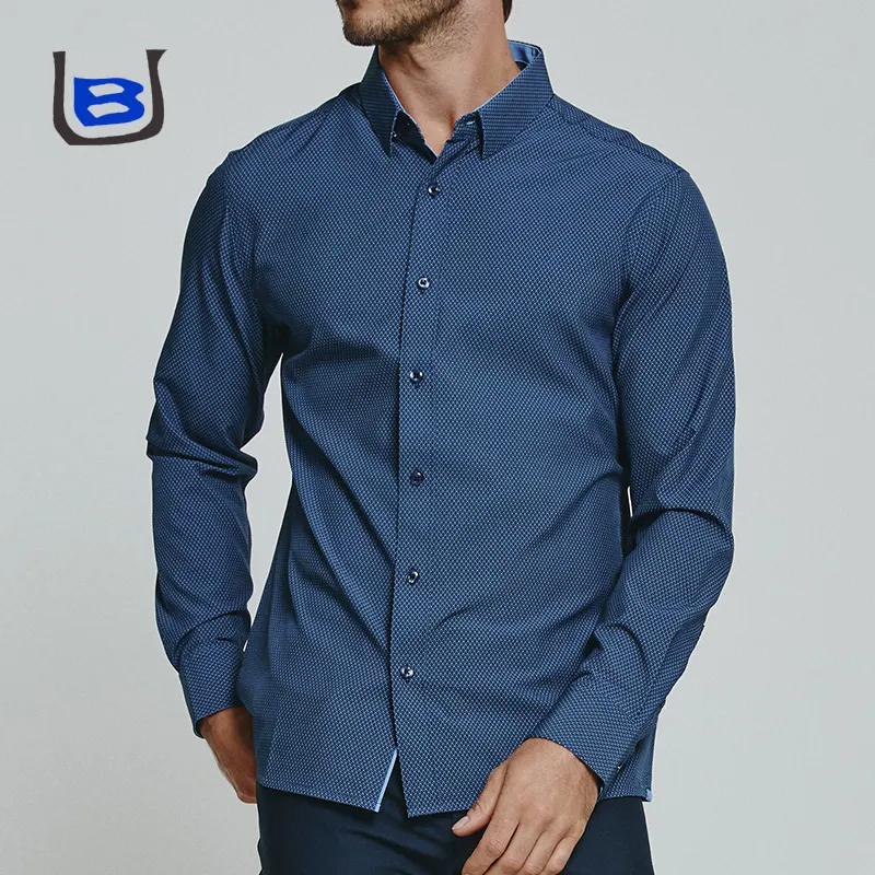 U En B Custom Logo Rimpelbestendige Print Slim Fit Lange Mouw Knoop Up Casual Heren Formele Zakelijke Jurk Shirt Voor Mannen