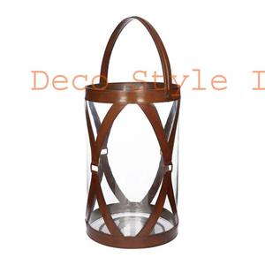 Tan <b>Large</b> Leather Glass Hurricane Tan Leather Lantern Tan Leather <b>Candle</b> Holder - Product Image 2