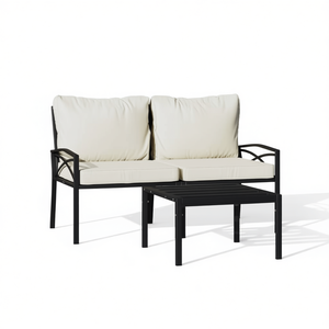 Black Steel <b>Garden</b> <b>Loveseat</b> With Cream Cushions Outdoor Furniture Set <b>For</b> Patio Decor - Product Image 1