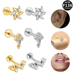 Titanium Plated Flower Stud <b>Earrings</b> Cubic Zirconia G23 Ear Cartilage Lip Jewelry Unisex Piercing Jewelry - Product Image 1
