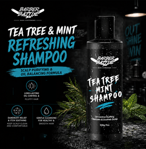 Shampoo hydratant pour hommes à la formule de tea tree, romarin et menthe, fabriqué par BARBERBATTLE depuis plus de 20 ans - Product Image 2