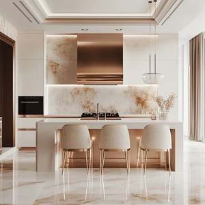 Îlot de cuisine moderne de luxe sur mesure, écologique, en contreplaqué laqué, avec bar et armoire, pack de rénovation complet incluant charnières et paniers de tiroir - Product Image 1