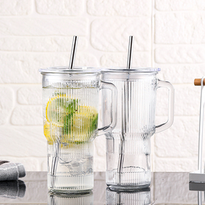 2025 New 1L Ribbed <strong>Glass</strong> Tumbler with Bamboo Lid &amp; Metal Straw, Handle for Home/Office Beverage - Product Image 4