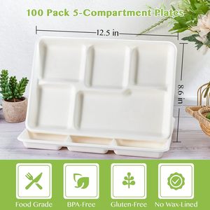 Barquettes alimentaires en fibre de bagasse naturelle à 5 compartiments, assiettes biodégradables divisées pour le déjeuner scolaire - Product Image 5