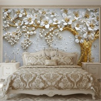 Papier peint autocollant à imprimer numériquement, papier peint 3D, fleurs blanches, perles, arbre doré, papier peint gaufré pour la décoration de la chambre