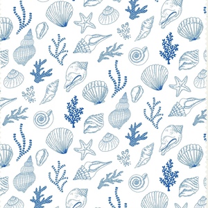 <span class=keywords><strong>Tissu</strong></span> en satin de soie extensible imprimé style toile de <span class=keywords><strong>Jouy</strong></span> bleu personnalisé avec éléments océaniques (étoile de mer, coquillage) pour robe de vacances et foulard - Product Image 1