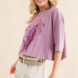 Fuzzy Game Day Fútbol <span class=keywords><strong>Lentejuelas</strong></span> Bordado <span class=keywords><strong>Camiseta</strong></span> corta Top para mujer - Product Image 3