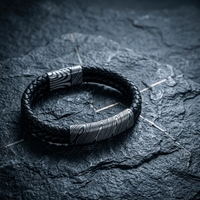 Bracelet en cuir double tressé avec fermoir magnétique en acier Damas, style bracelet en corde noire et acier forgé, mode masculine, vente en gros