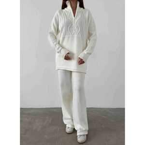 <b>Polo</b> Collar <b>Zip</b>-<b>Up</b> Knit Set Women's Sweater Set Bone Color S Size Soft Knitwear Cozy Outfit - Product Image 4