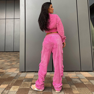 Vente en gros OEM ensembles décontractés en <span class=keywords><strong>velours</strong></span> à fermeture éclair en éponge française personnalisés 2 pièces sweat-shirt et <span class=keywords><strong>pantalon</strong></span> à encolure ras du cou pour femmes ensemble de jogging 2 pièces vêtements - Product Image 5