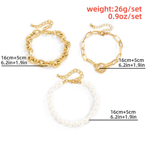 <b>Gold</b> Plated French Baroque Beaded Bracelet <b>Set</b> for Ladies Paperclip Chain with Pearl Beads Thick Chain Jewelry - Product Image 6