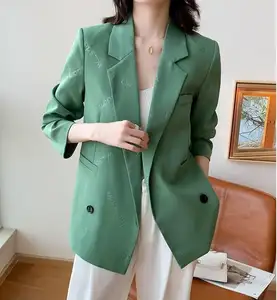低最小起订量休闲服装夏季好合身女士正式外套纹理绿色女式夹克，印有字母