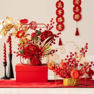 Arreglo Floral Artificial con Base de Metal Roja, Flores de Seda, Decoración de Año Nuevo Chino, Decoración Interior para el Hogar - Product Image 5