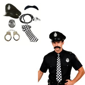 Kit de cosplay d'agent de police avec menottes, insigne, sifflet, cravate et fausse moustache pour adulte, idéal pour les fêtes à thème d'Halloween - Product Image 1