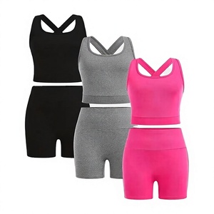 Conjunto de Ropa de Yoga para Niñas, Sujetador Deportivo con Espalda Cruzada, Pantalones Cortos de Cintura Alta, Negro, Gris, Rosa, Spandex, Poliéster, Secado Rápido, Conjunto de Spandex/Algodón - Product Image 1