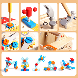 CE EN71 Kit d'outils d'établi en <span class=keywords><strong>bois</strong></span> DIY pour enfants, boîte à outils éducative pour l'apprentissage et le jeu, jouets de réparation pour véhicules pour enfants - Product Image 4