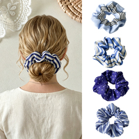Bandana Rambut Kain Bergaris Elegan Custom Grosir Warna Biru Aksesoris Rambut Elastis Unik untuk Anak Perempuan