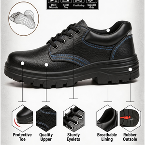 Chaussures de sécurité noires respirantes, texturées, à lacets, avec embout en acier, anti-perforation, antidérapantes, chaussures de protection industrielles - Product Image 6