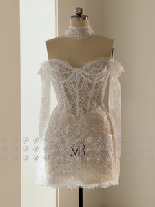 Abito <span class=keywords><strong>da</strong></span> Sposa Mini in Pizzo con Corsetto Basque e Maniche <span class=keywords><strong>a</strong></span> Spalla Scoperta Mily Bridal MQW02285 - Product Image 2