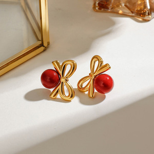 Stud <b>Earrings</b> Bowknot <b>Red</b> Glass Gold Plated Stainless Steel Fashion Jewelry - Product Image 2