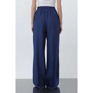 Pantalon large pour femme, taille haute, en crêpe respirant, bleu - Product Image 1