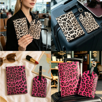 Porte-cartes en cuir PU imprimé léopard, porte-passeport, ensemble d'étiquettes de bagage, accessoires de voyage tendance, cadeau pour hommes et femmes