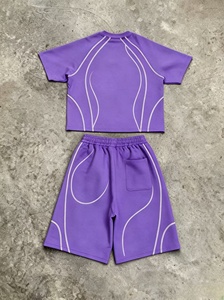 Ensemble T-shirt court à manches courtes et short pour homme, motif géométrique violet, coupe classique, col rond, tricoté, sportif, séchage rapide - Product Image 2