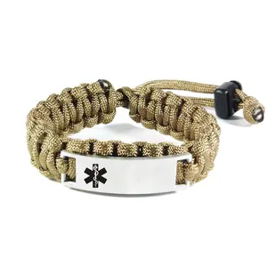 Medische Alert Bar Paracord Armband Verstelbare Vissenstaart Paracord Armbanden Met Metalen Gesp Voor Mannen