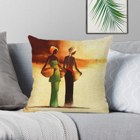 Housse de Coussin Décorative en Lin Motif Danse Africaine Dessin Animé Africain pour Décoration d'Intérieur