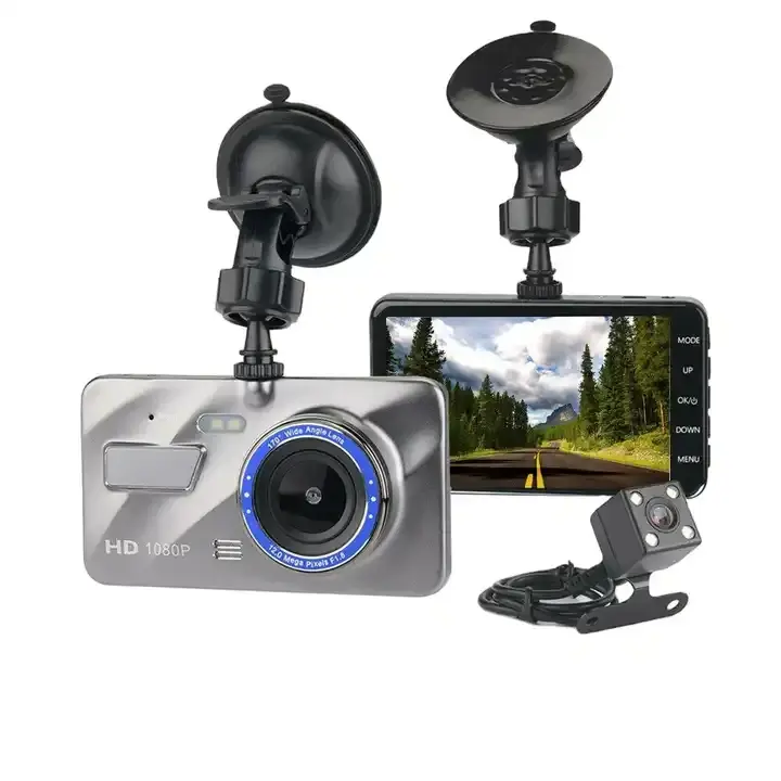 Dash Cam nuova fotocamera DVR auto a doppia lente Full HD 1080P 4 "IPS anteriore + specchio posteriore blu visione notturna videoregistratore Monitor di parcheggio