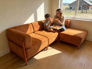 Canapé modulaire en forme <span class=keywords><strong>de</strong></span> L, 3 places, en <span class=keywords><strong>velours</strong></span> mélangé rouge cramoisi, durable, compressé, sous vide, avec cadre en métal rouge - Product Image 3