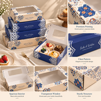Boîte cadeau pour gâteau à la crème avec logo personnalisé OEM, 4 compartiments, fenêtre transparente, motif géométrique bleu marine, matériaux PET recyclés, carrée, épaisseur 2 mm