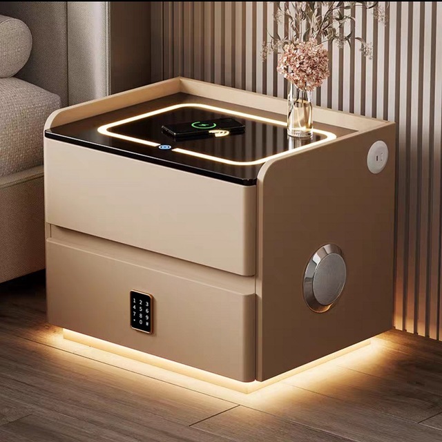 Smart Bedside Table with Wireless Charging USB Adjustable Light Bluetooth Speaker Secure Password Fingerprint Lock Nightstand