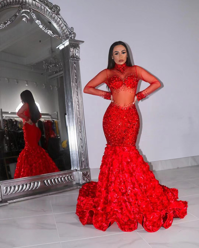 Diamonds Red Rose Evening Dress - Sexy Sheer Floral Gown