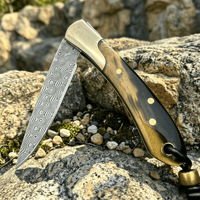 Couteau pliant en acier Damas sans verrouillage, manche en corne, pommeau en laiton, DIY OEM, pour camping, chasse, collection, couteau de poche
