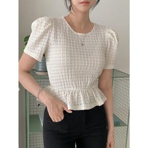 <span class=keywords><strong>Camicia</strong></span> Estiva da <span class=keywords><strong>Donna</strong></span> in Cotone con Maniche Corte a Sbuffo, <span class=keywords><strong>Colletto</strong></span> Fang Ling e Design Arricciato, Disponibile in Stock o su Misura - Product Image 1