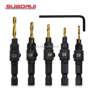 SUBORUI 5pcs Quick Change 1/4 Hex Shank Woodworkers Tapered Wood Drill Countersink Drill Bit Set