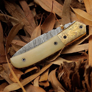 High Quality Damascus Stainless Steel Drop Point Folding <b>Knife</b> Back Lock <b>Bone</b> <b>Handle</b> Sheath for Pocket Hunting Camping <b>Knife</b> - Product Image 3