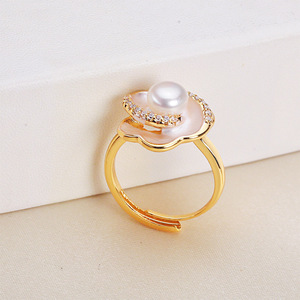 Anillo de Perlas de Agua Dulce Redondas y Planas con Camelia Chapada en Oro de 18K al por Mayor, Joyería Delicada con Perlas Reales para Mujer - Product Image 2
