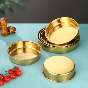 Stainless Steel Gold Plated Round Serving Tray Large Deep Dish Hotel Food Service Tableware Durable Solid Color - Product Image 1