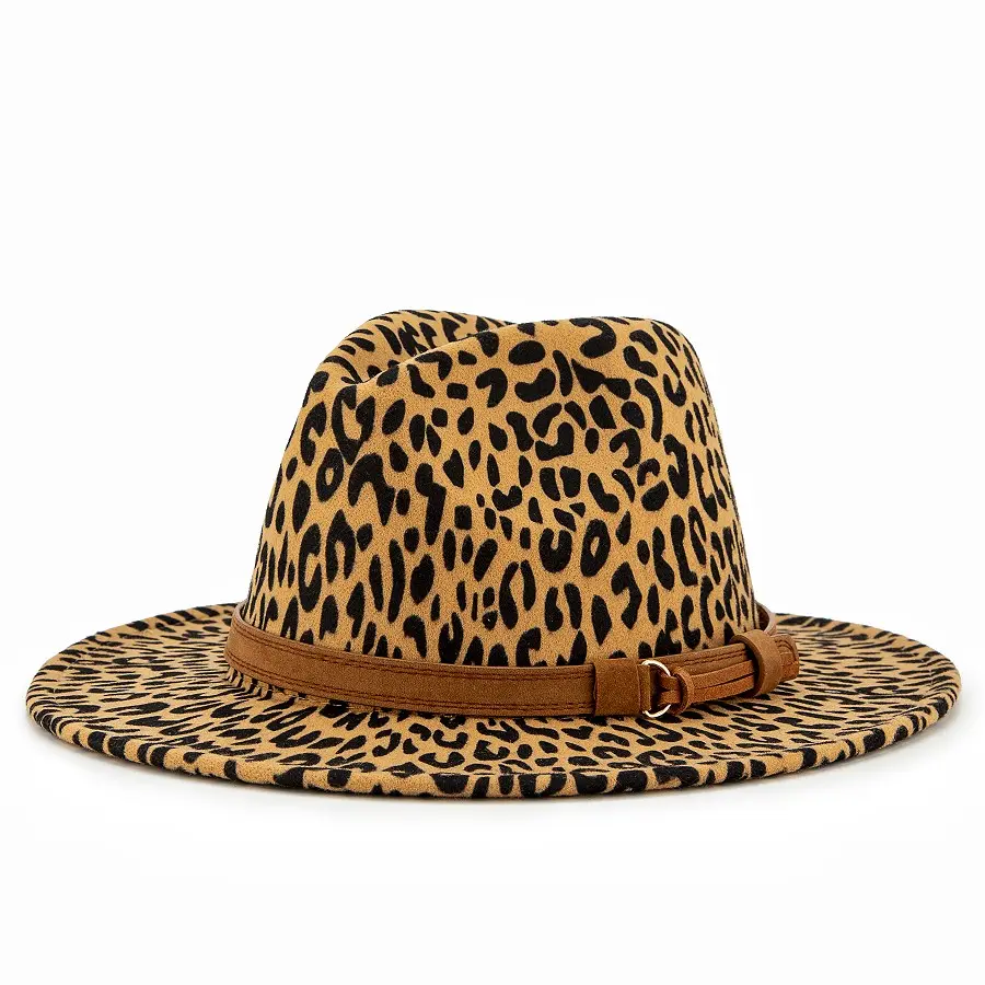 Large Flat Brim Autumn Winter Elegant Hats for Ladies Men Jazz Leopard Fedora Hat