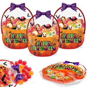 Sacs à bonbons d'Halloween en plastique imprimés avec poignée en forme de nœud, sacs transparents pour friandises ou farces pour les fêtes d'enfants - Product Image 4