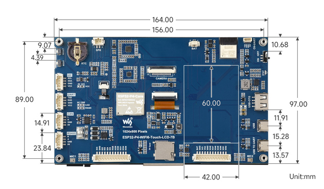 SKU-32511 Waveshare ESP32-P4-WIFI6 7inch 5-Point Touch Display Development Board, Based On ESP32-P4 And ESP32-C6, 1024 x