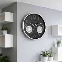 Horloge murale moderne à quartz analogique avec cadre en métal noir de 14 pouces, thermomètre, hygromètre, mouvement silencieux, alimentée par piles