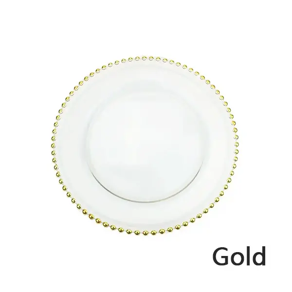 Venta al por mayor 13 pulgadas cena debajo del plato plástico transparente plata Mesa elegante con cuentas de oro rosa borde cargador placas para la boda