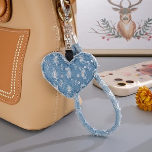HR Customized Embossing Printing Women Fashion Clothing Accessories <b>Bag</b> <b>Charm</b> Girls Car Key Chain Sequins Denim Heart Keychains - Product Image 2